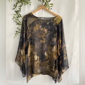 Vintage Harari 100% Silk Chiffon Top Floral Crane Print Size Large Tunic